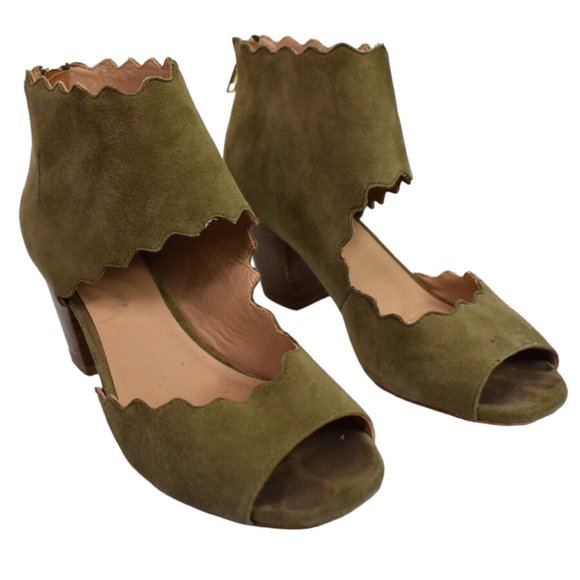 Anthropologie Heels 8.5 M Womens Scalloped Leather Open Toe Block Heel Taupe - Picture 1 of 12